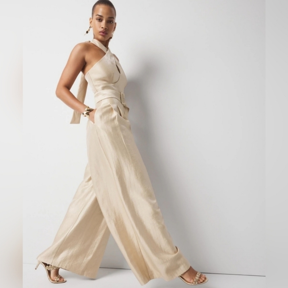 WHBM Champagne Gold Wide Leg Halter Jumpsuit wFront Pockets Cocktail Coquette - Picture 12 of 16